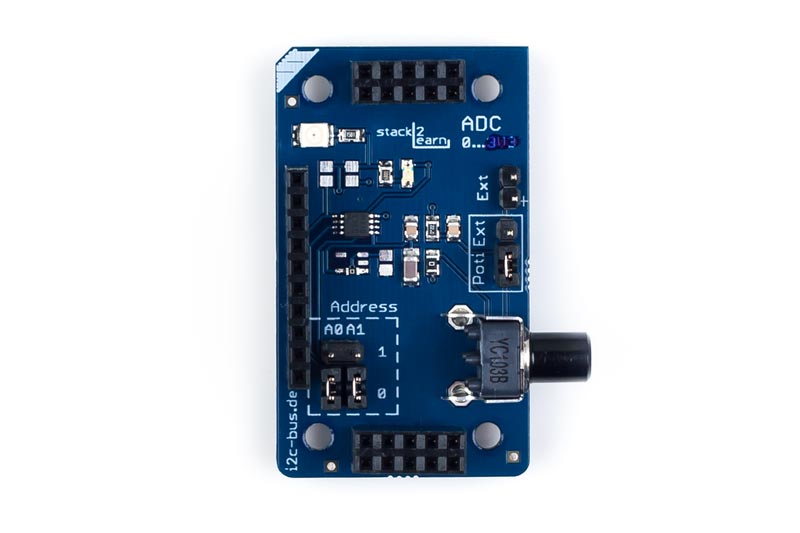 I2C-004 ist ein stack2Learn Zusatzmodul. Bei I2C-004 handelt es sich um eine 8-bit ADC Zusatzplatine mit I2C Schnittstelle. Bestückt ist ein TI ADC081C021. Das Board ist 30 x 51 mm groß und momentan in der Farbe Blau vorhanden.